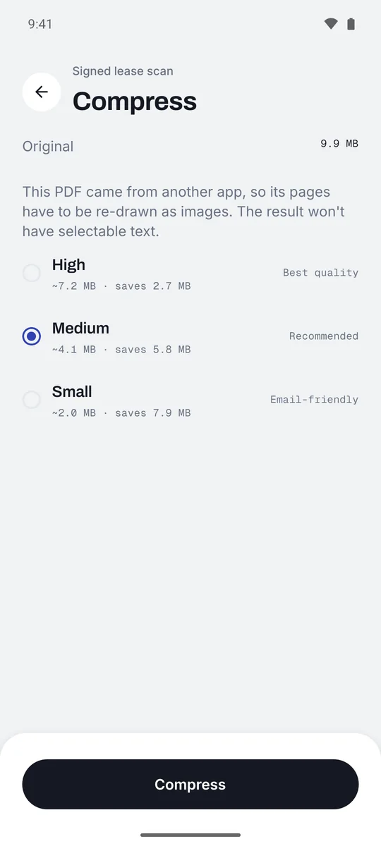 The compress screen for a 9.9 MB scanned PDF, estimating 7.2 MB for High, 4.1 MB for Medium and 2.0 MB for Small