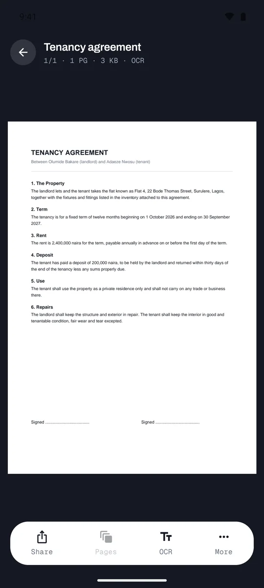 A tenancy agreement open in the viewer, with the page tools along the bottom