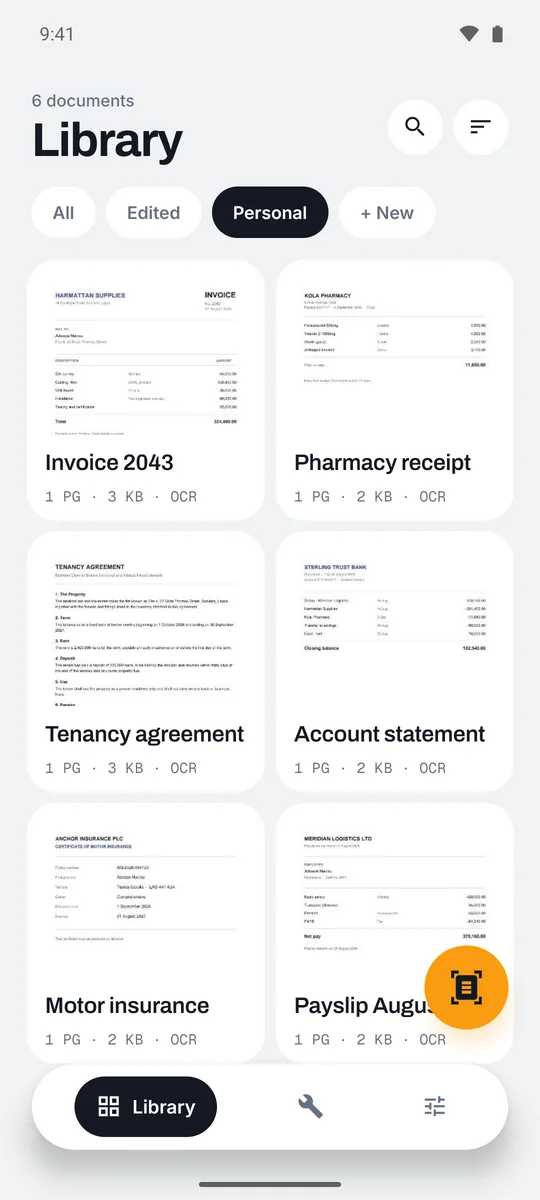 The Scan Vault library: page thumbnails of a tenancy agreement, an account statement, a payslip, a motor insurance certificate, an invoice and a pharmacy receipt