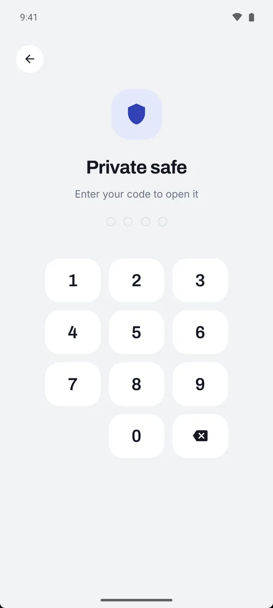 The private safe's lock screen, asking for the code before anything inside is shown