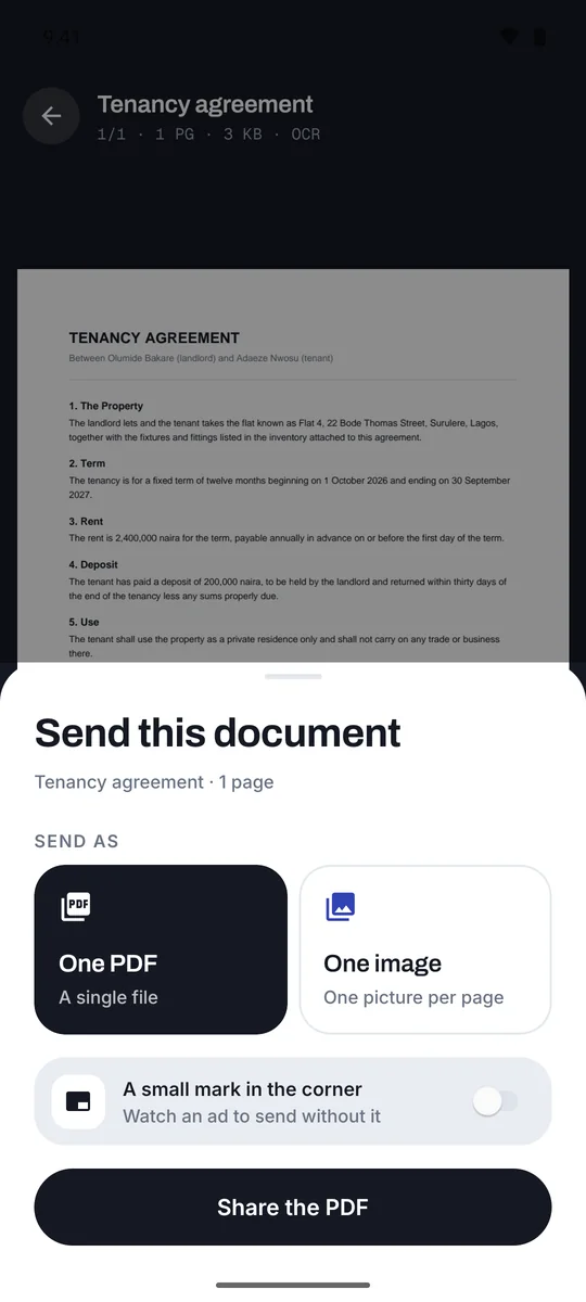 The share sheet: send as one PDF or one image per page, with the option to leave off the small corner mark