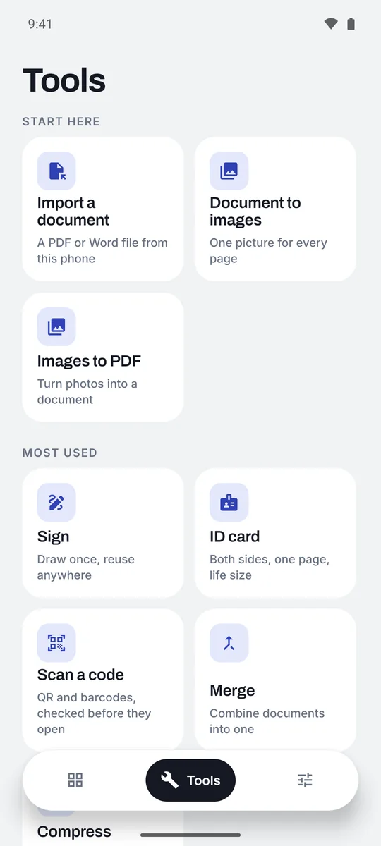 The tools screen: import a document, document to images, images to PDF, sign, ID card and scan a code